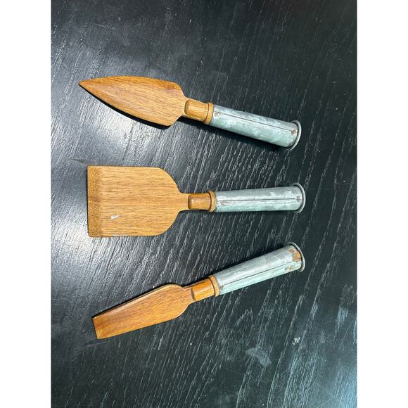 Retro Galvanized Metal Handle- wood Cheese set of 3 utensils- some rust- wear - Picture 2 of 4
